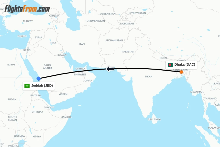 Flights from Dhaka to Jeddah route map