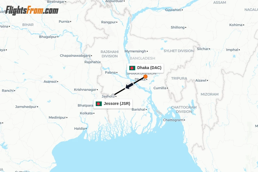 Flights from Dhaka to Jessore route map