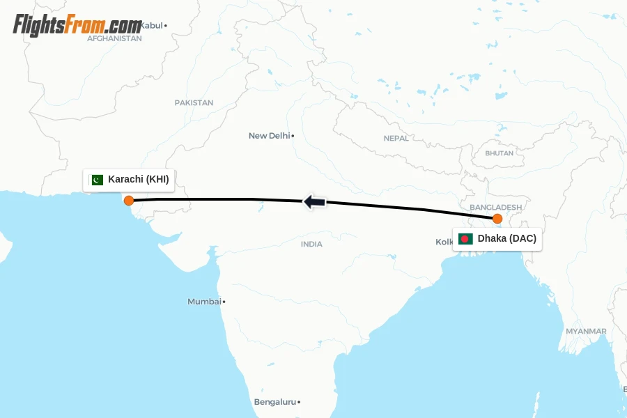 Flights from Dhaka to Karachi route map