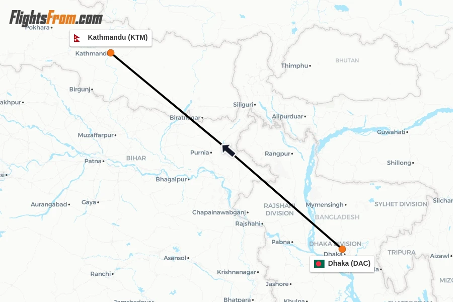 Flights from Dhaka to Kathmandu route map