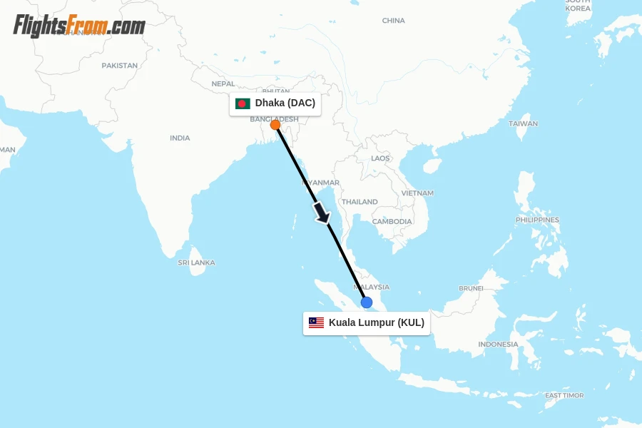 Flights from Dhaka to Kuala Lumpur route map