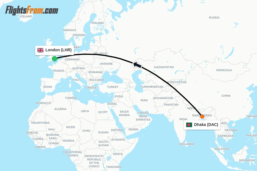 Flights from Dhaka to London route map