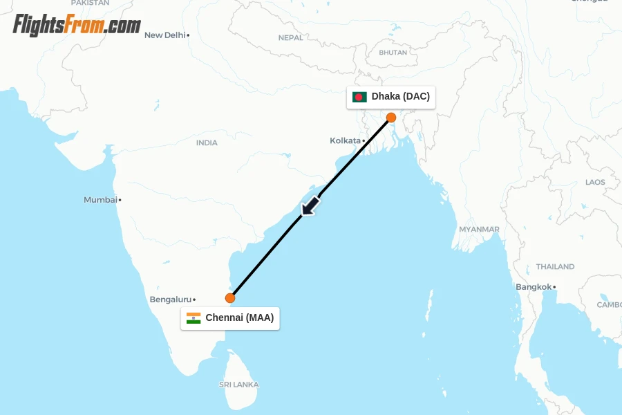Flights from Dhaka to Chennai route map