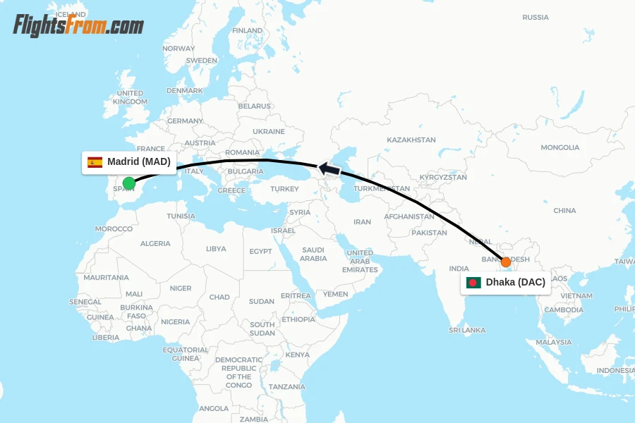 Flights from Dhaka to Madrid route map