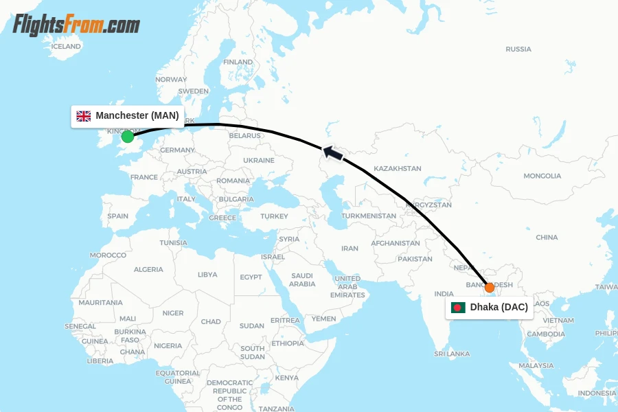 Flights from Dhaka to Manchester route map