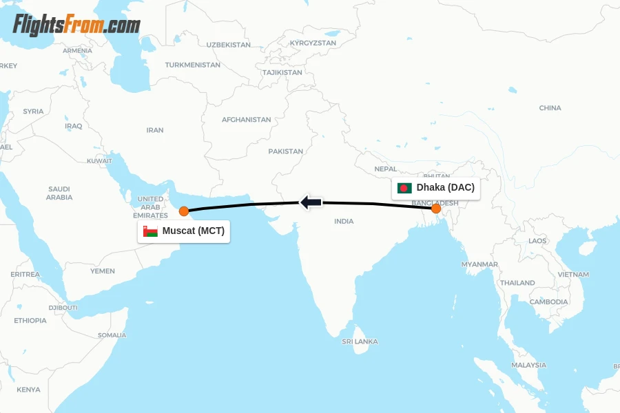 Flights from Dhaka to Muscat route map