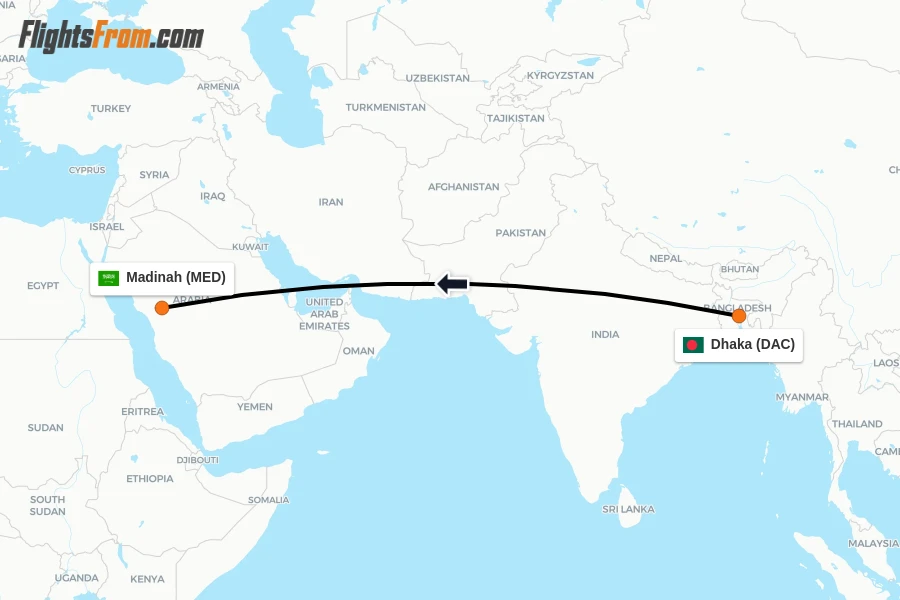 Flights from Dhaka to Madinah route map