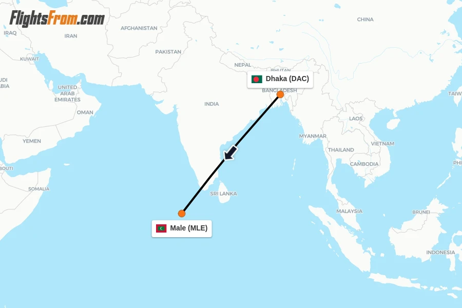Flights from Dhaka to Male route map