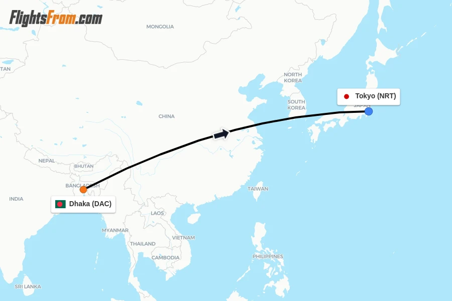 Flights from Dhaka to Tokyo route map