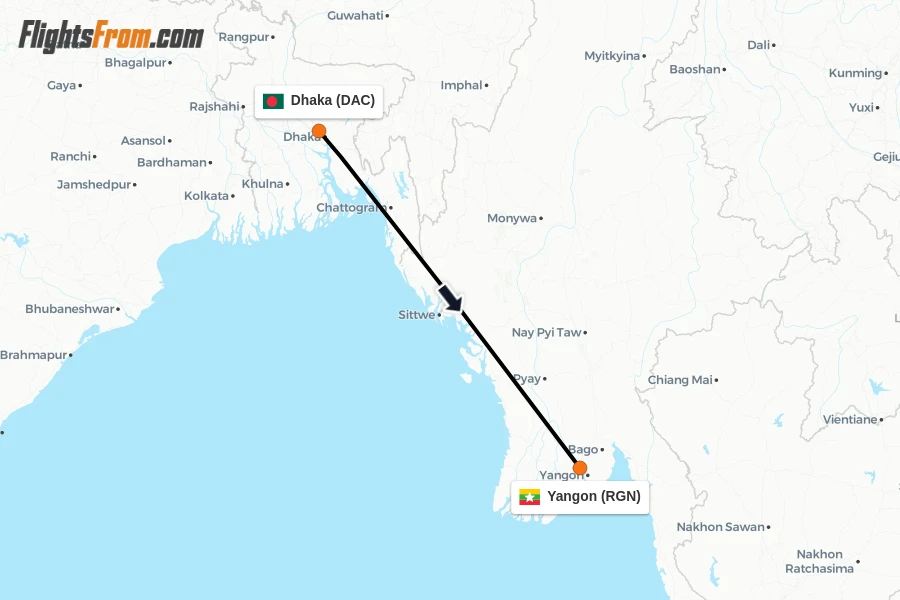 Flights from Dhaka to Yangon route map