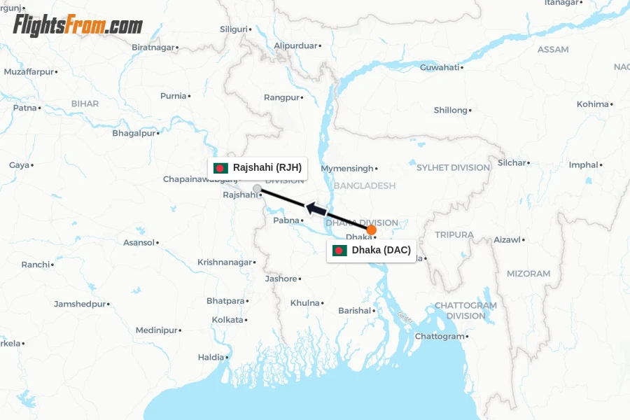 Flights from Dhaka to Rajshahi route map
