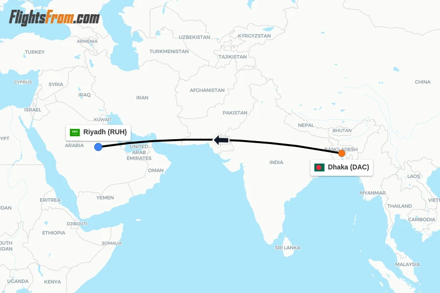 Flights from Dhaka to Riyadh route map
