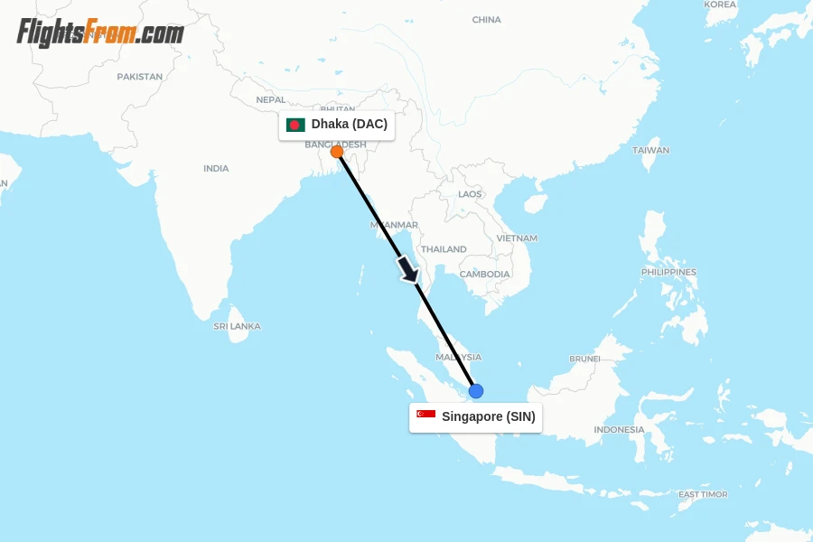 Flights from Dhaka to Singapore route map