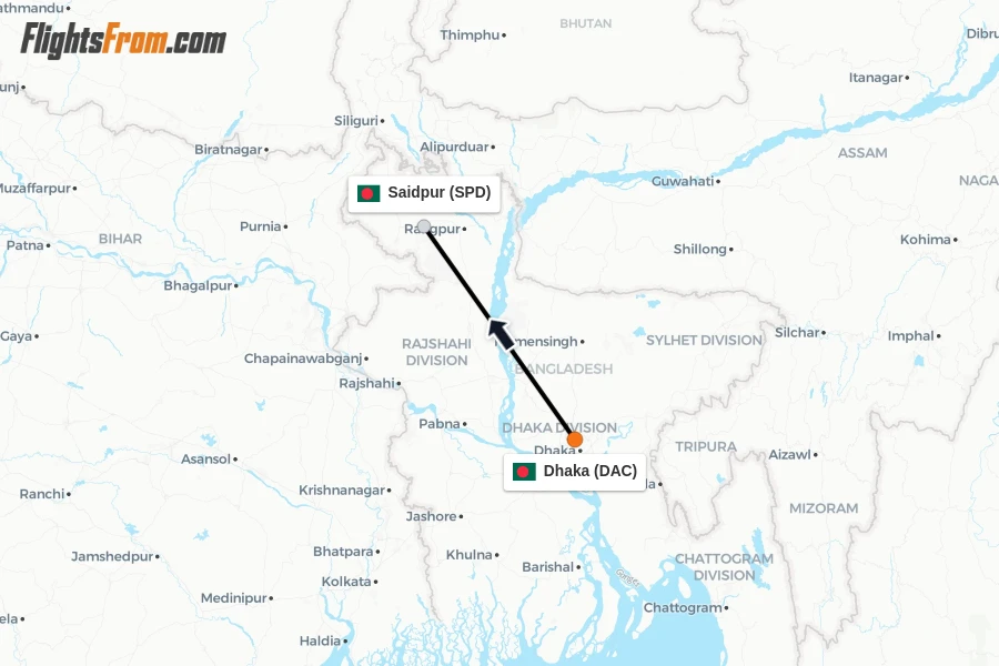 Flights from Dhaka to Saidpur route map