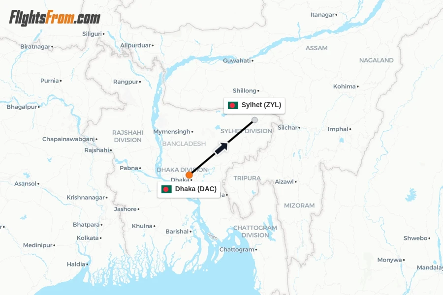 Flights from Dhaka to Sylhet route map