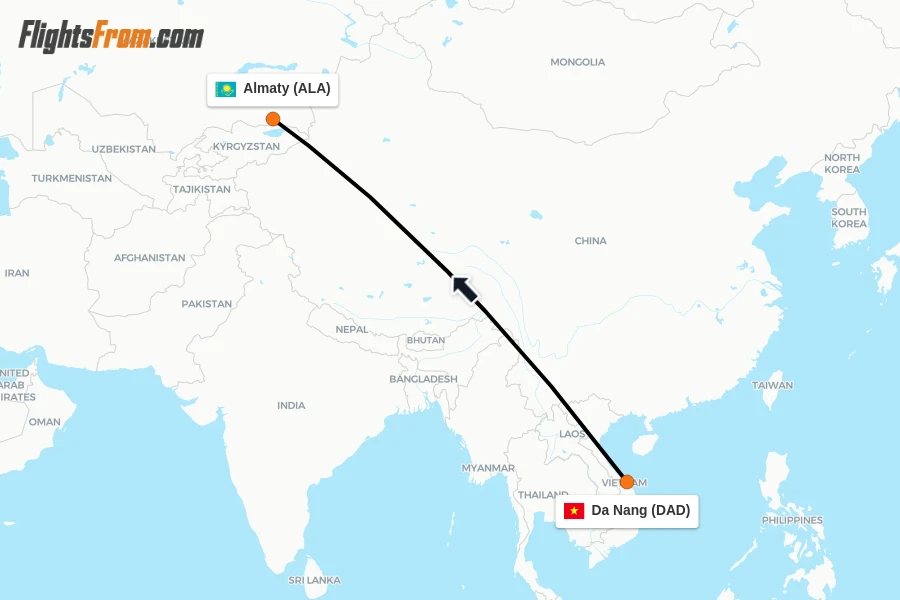 Flights from Da Nang to Almaty route map