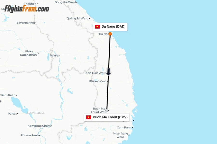 Flights from Da Nang to Buon Ma Thout route map