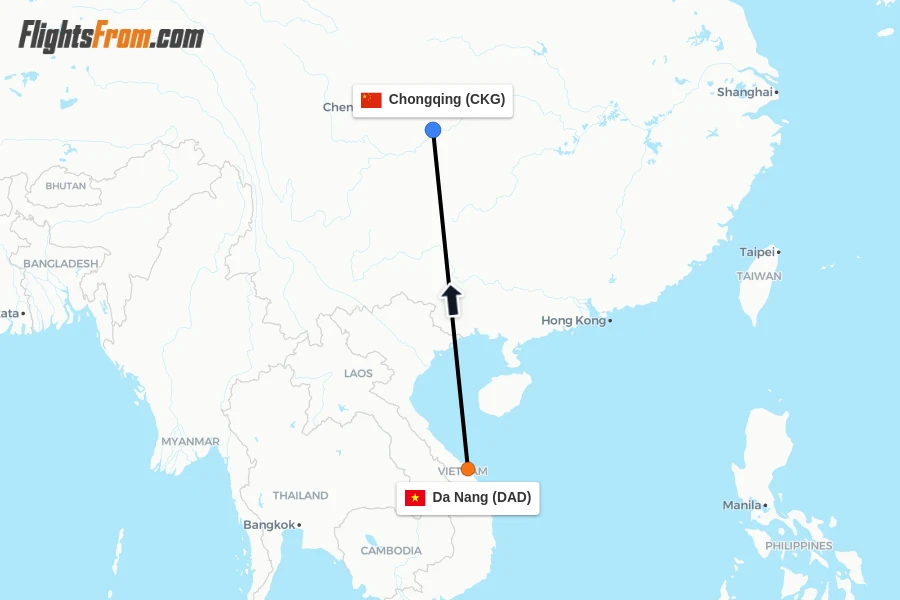 Flights from Da Nang to Chongqing route map