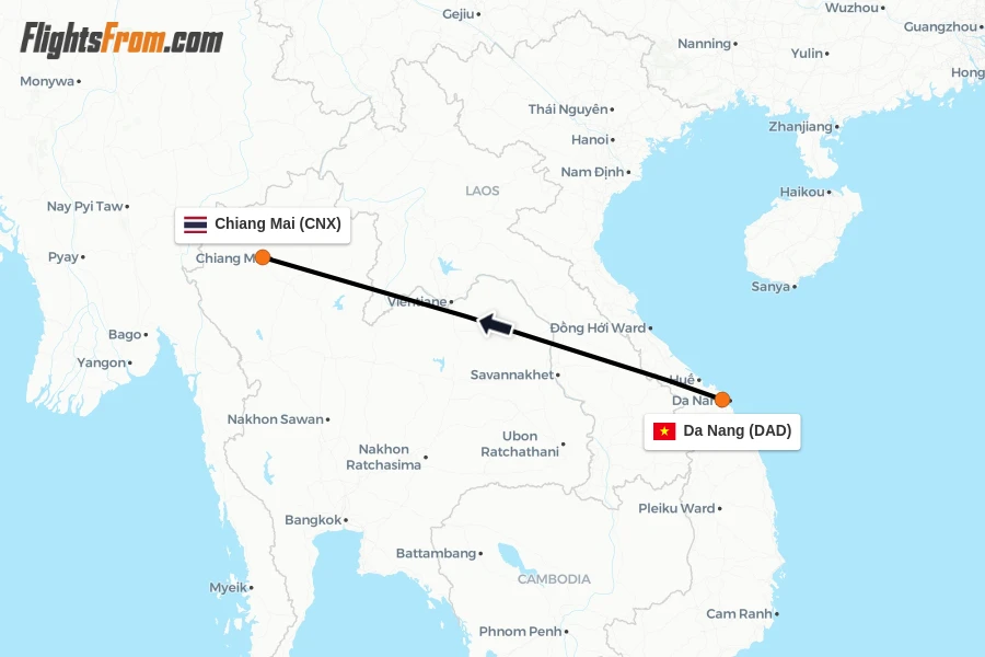 Flights from Da Nang to Chiang Mai route map