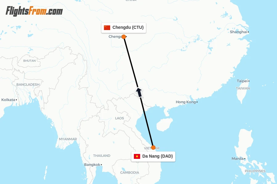 Flights from Da Nang to Chengdu route map