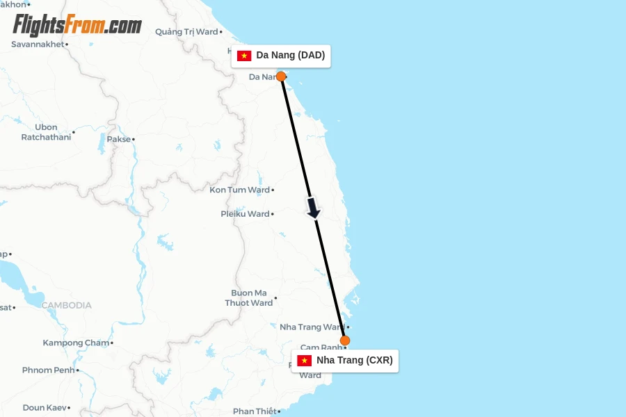 Flights from Da Nang to Nha Trang route map