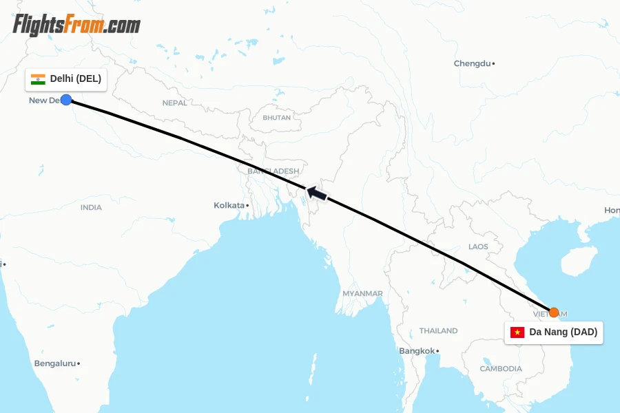 Flights from Da Nang to Delhi route map