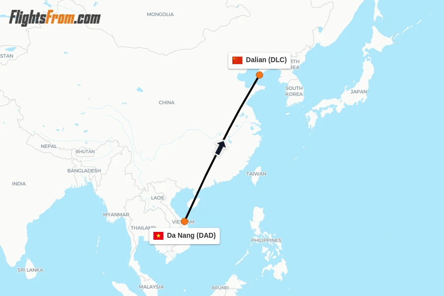 Flights from Da Nang to Dalian route map