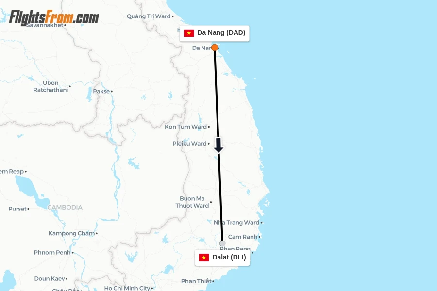 Flights from Da Nang to Dalat route map