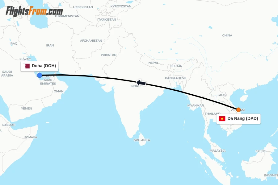 Flights from Da Nang to Doha route map