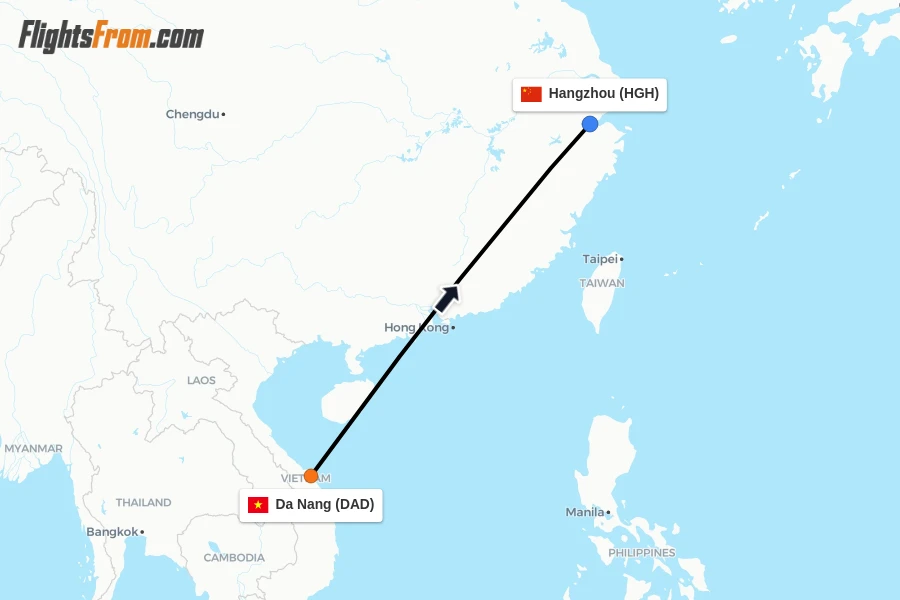 Flights from Da Nang to Hangzhou route map