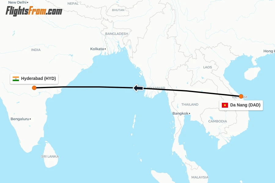 Flights from Da Nang to Hyderabad route map