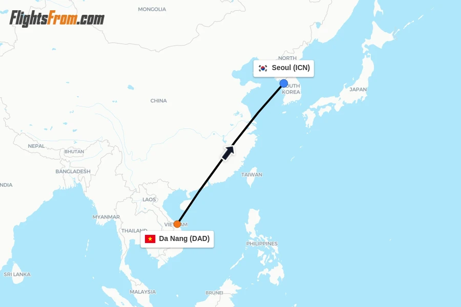 Flights from Da Nang to Seoul route map