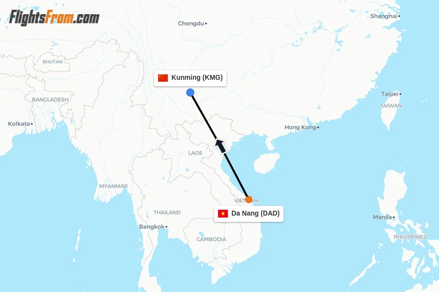 Flights from Da Nang to Kunming route map