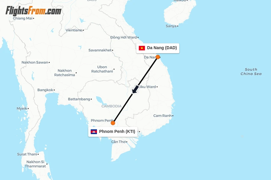 Flights from Da Nang to Phnom Penh route map