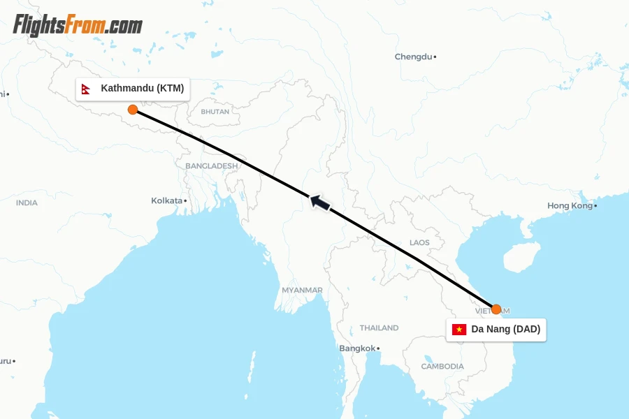 Flights from Da Nang to Kathmandu route map