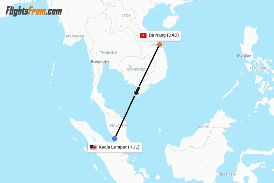 Flights from Da Nang to Kuala Lumpur route map
