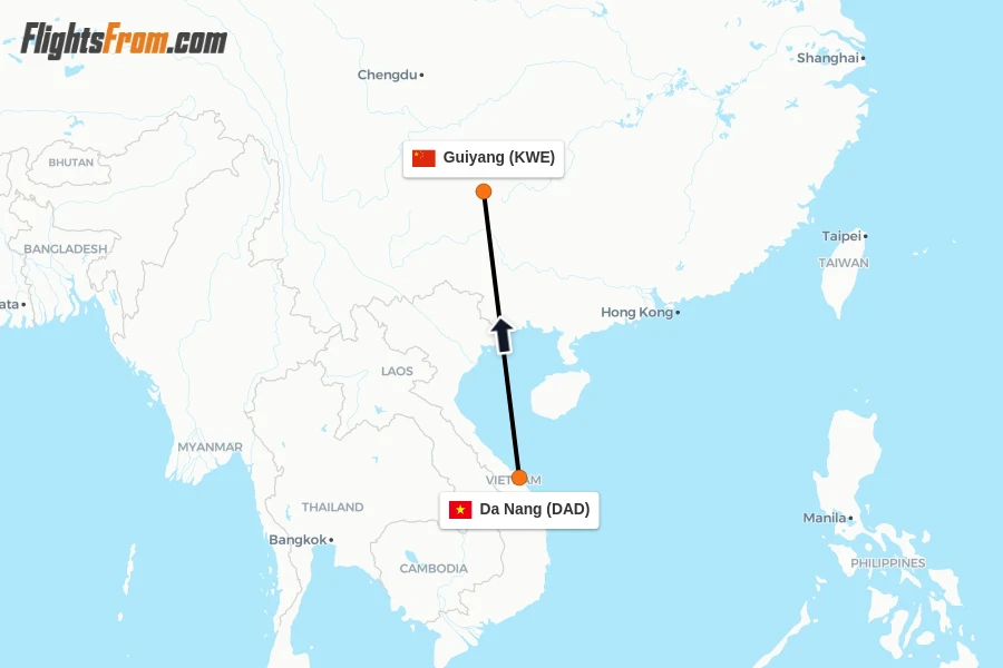 Flights from Da Nang to Guiyang route map