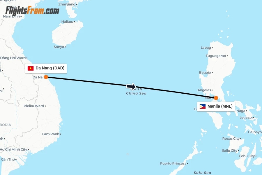 Flights from Da Nang to Manila route map
