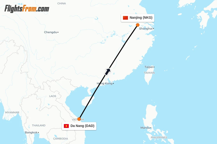 Flights from Da Nang to Nanjing route map
