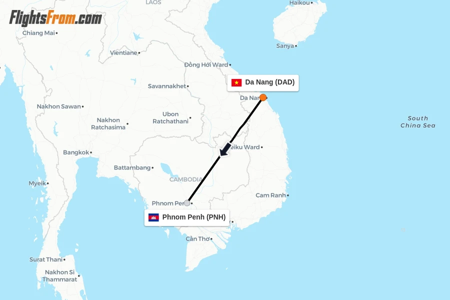Flights from Da Nang to Phnom Penh route map