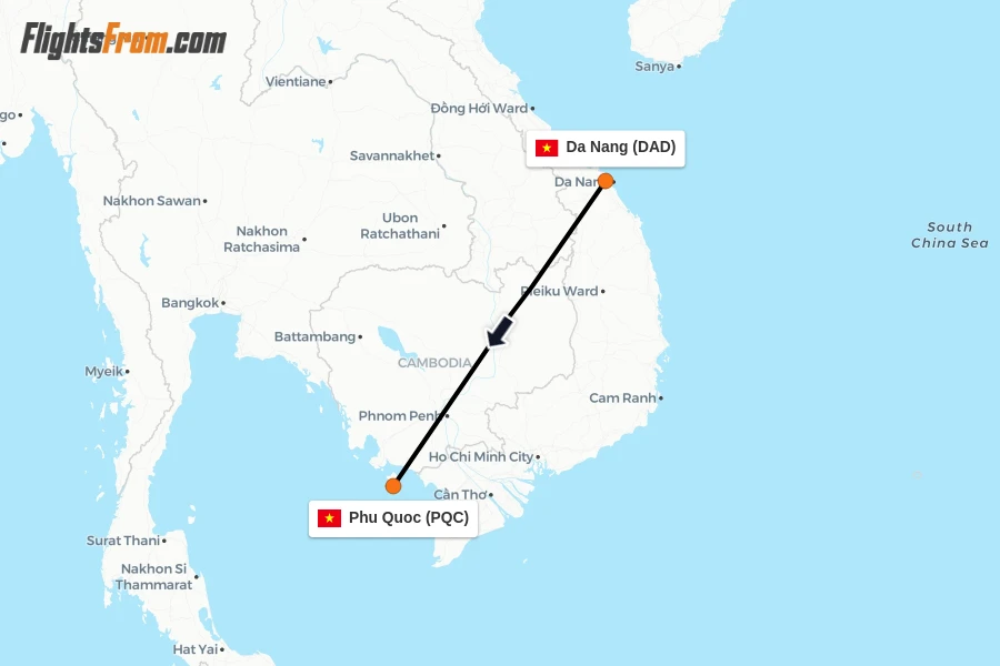 Flights from Da Nang to Phu Quoc route map