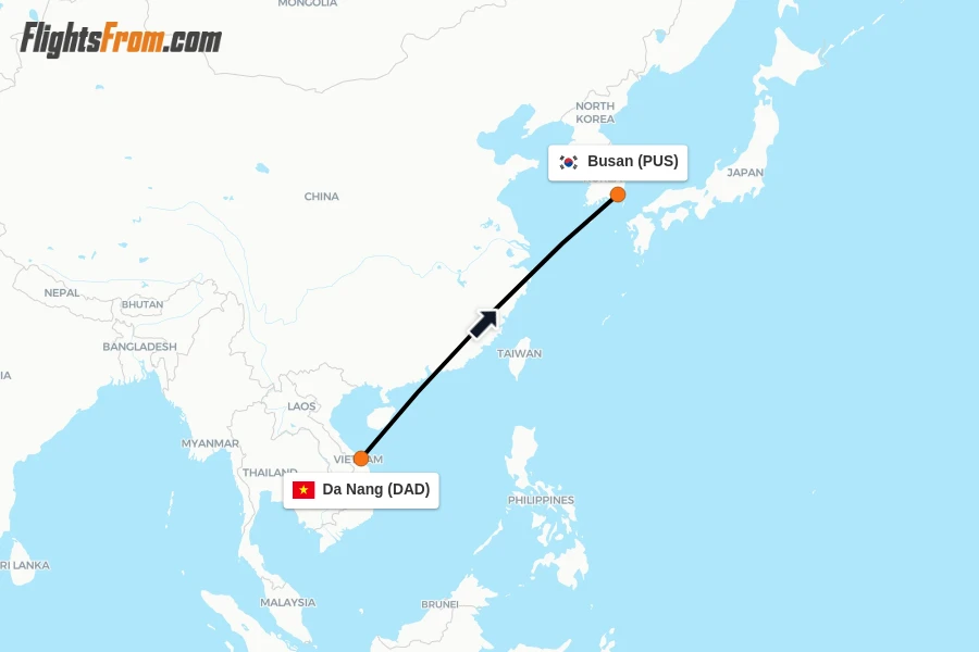 Flights from Da Nang to Busan route map