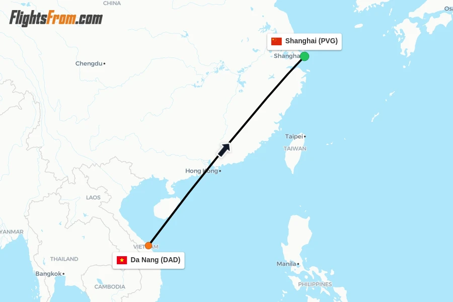 Flights from Da Nang to Shanghai route map