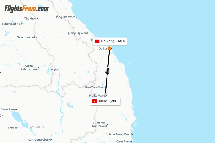 Flights from Da Nang to Pleiku route map