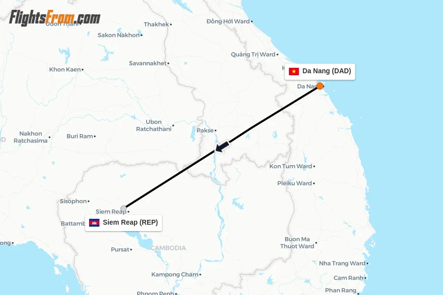 Flights from Da Nang to Siem Reap route map