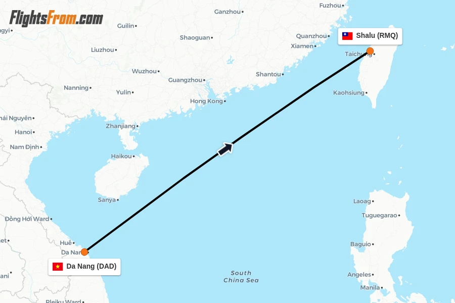 Flights from Da Nang to Shalu route map