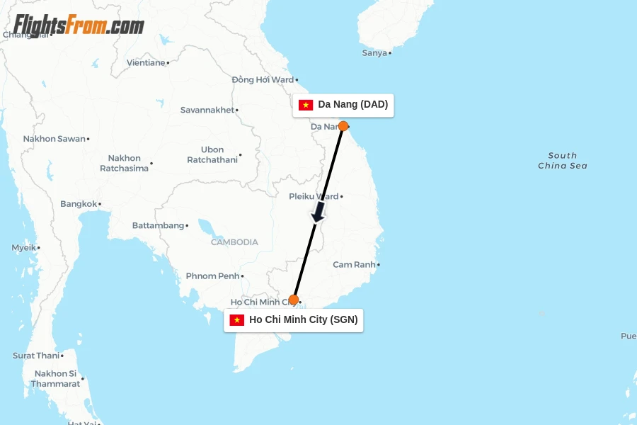 Flights from Da Nang to Ho Chi Minh City route map