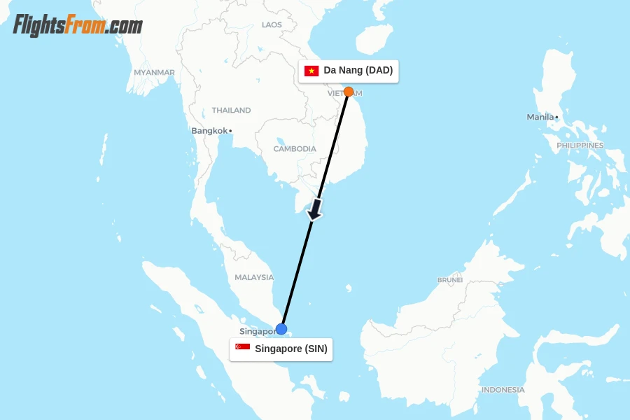 Flights from Da Nang to Singapore route map