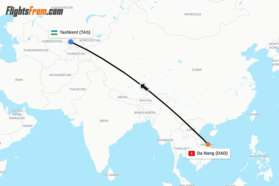 Flights from Da Nang to Tashkent route map