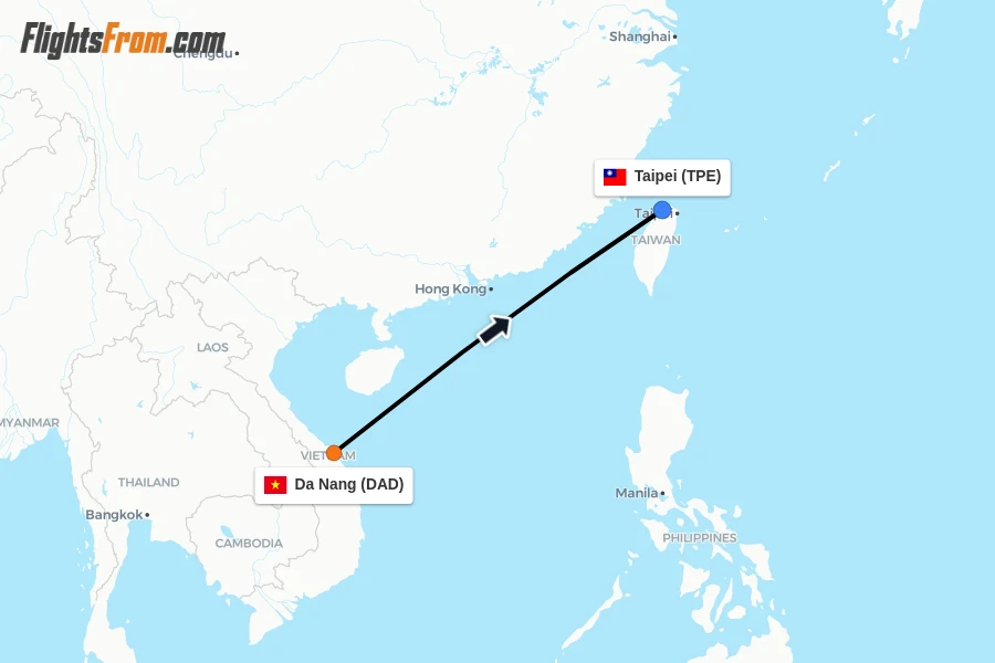 Flights from Da Nang to Taipei route map